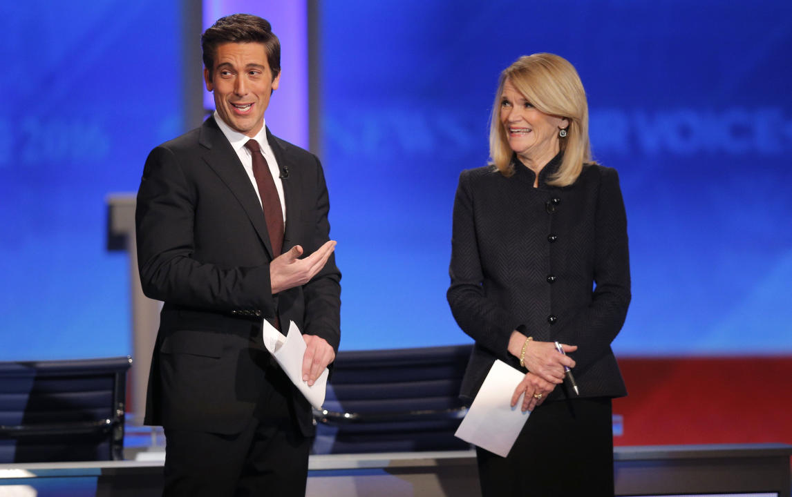 David Muir and correspondent Martha Raddatz talk to the audience before the start of a Democratic presidential debate. (Reuters/Brian Snyder)