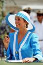 <p>Wearing a turquoise-accented sun hat while on a visit to Egypt. </p>