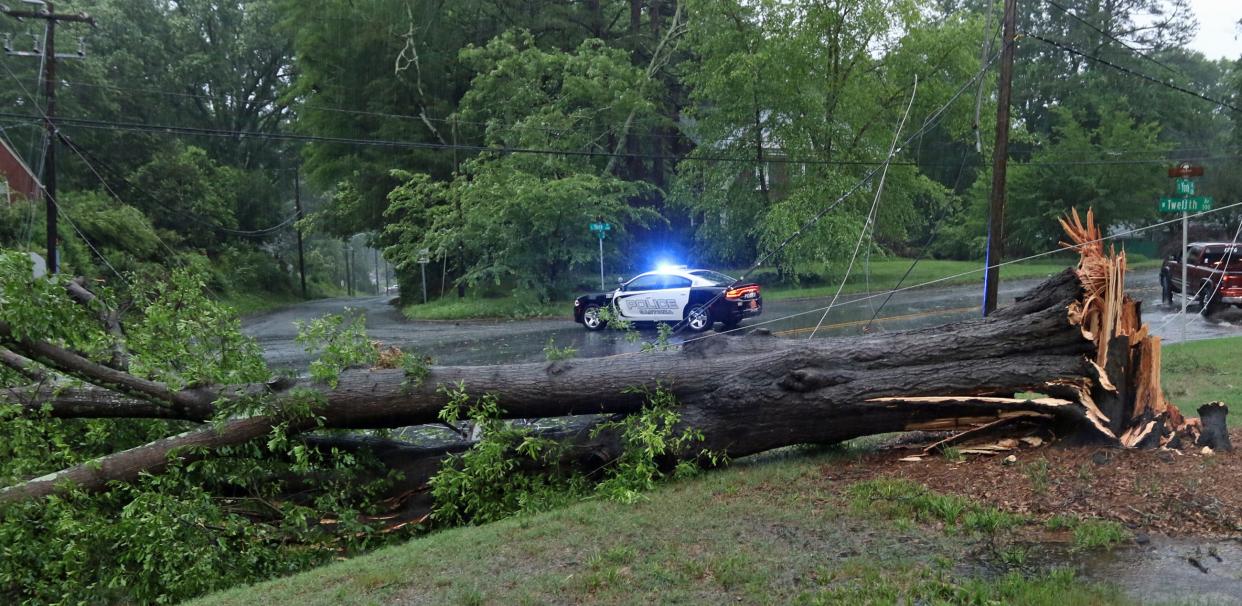 A large tree fell across powerlines blocking South York at West Twelfth Street in South Gastonia after a powerful storm moved through the area Wednesday afternoon, May 8, 2024.