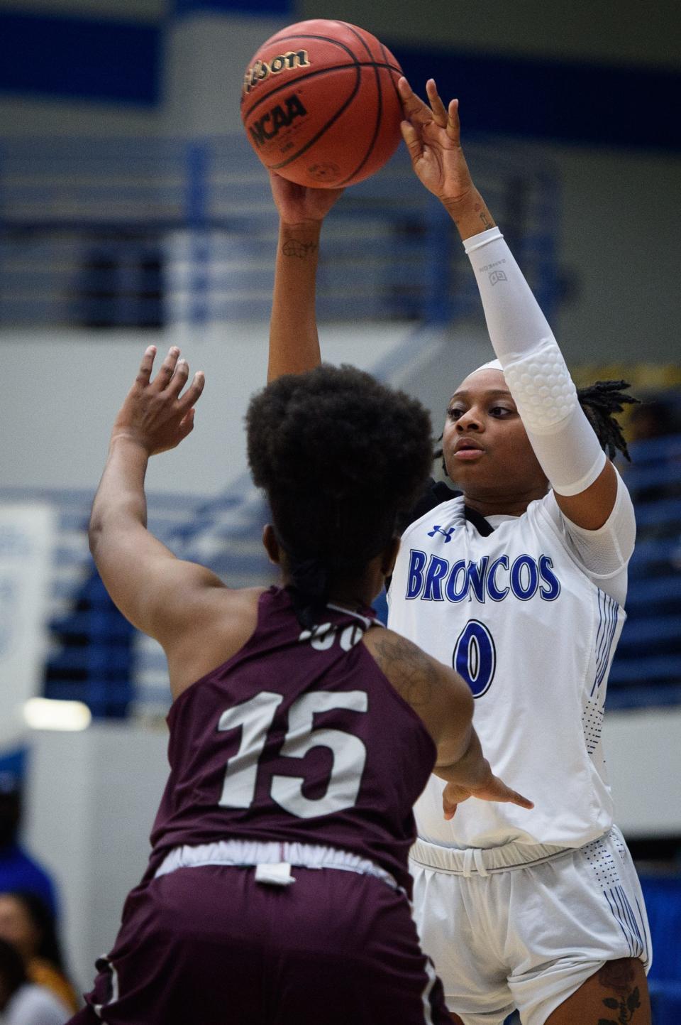 London Thompson goes up for a shot during Fayetteville State's win over Virginia Union on Tuesday, Jan. 25, 2022.