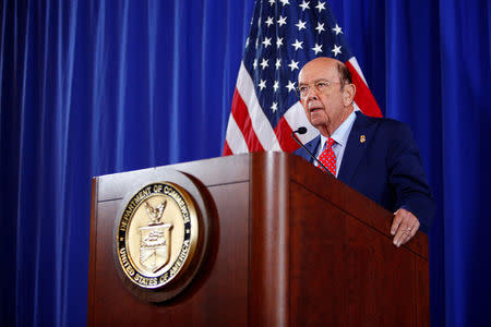 Commerce Secretary Wilbur Ross holds a news conference to make an announcement, after a background conference call with Commerce, Justice Department and Treasury Department officials at the Department of Commerce in Washington, U.S., March 7, 2017. REUTERS/Eric Thayer