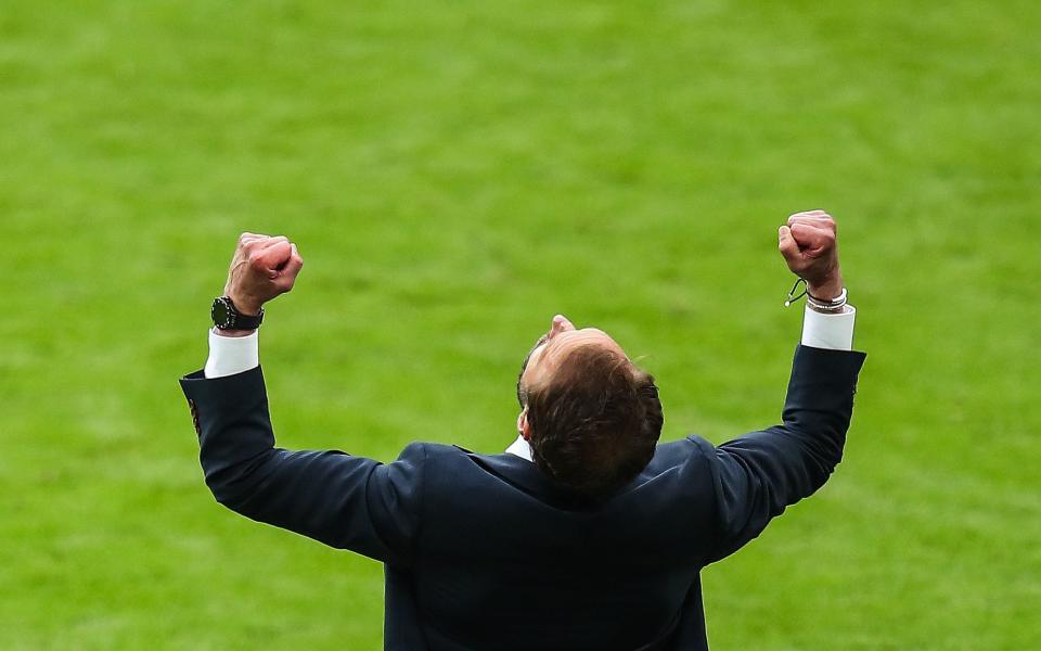 Southgate celebrates England's 2-0 win against Germany at the final whistle - GETTY IMAGES