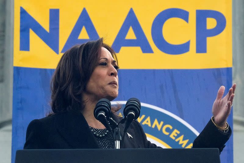 U.S. Vice President Kamala Harris speaks outside the South Carolina State House in Columbia