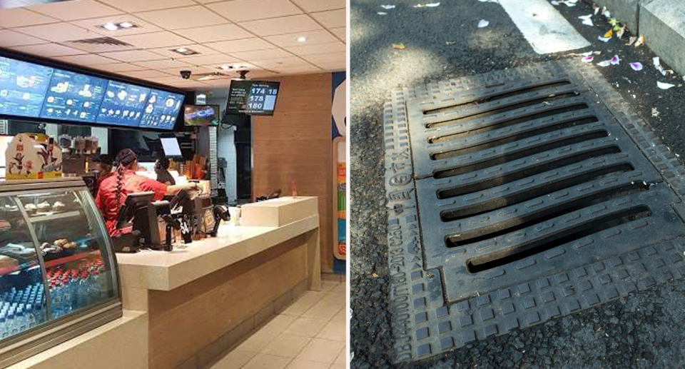 Left: Staff inside Kingsbury, McDonald's store. Right: A stormwater drain on an Australian street. 