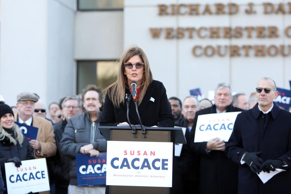 Susan Cacace, a former Westchester County judge, announces she is running for Westchester County District Attorney, outside Westchester County Courthouse Dec. 13, 2023 in White Plains.