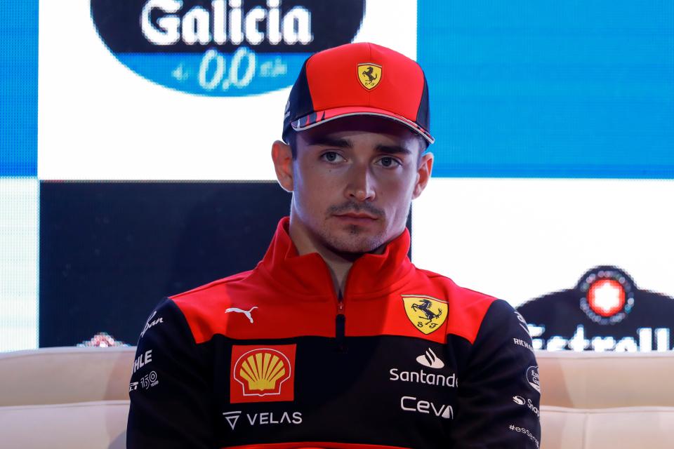 Ferrari driver Charles Leclerc, of Monaco, attends a press conference in Sao Paulo, Brazil, Wednesday, Nov. 9, 2022. (AP Photo/Marcelo Chello)