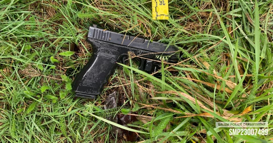A firearm that Salem Police said was located next to the body of Felipe Amezcua Manzos after he fled from an Oregon State Police trooper along Interstate 5, Monday, April 10, 2023.
