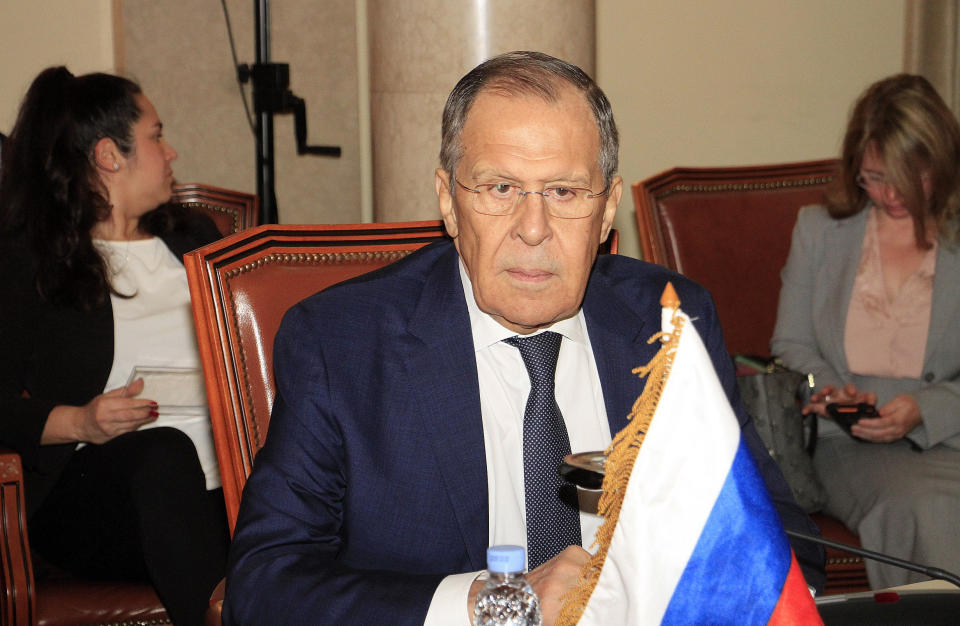 Russia's Foreign Minister Sergey Lavrov attends a meeting with his Angola's counterpart Tete Antonio in Luanda, Angola, Wednesday, Jan. 25, 2023. (AP Photo)