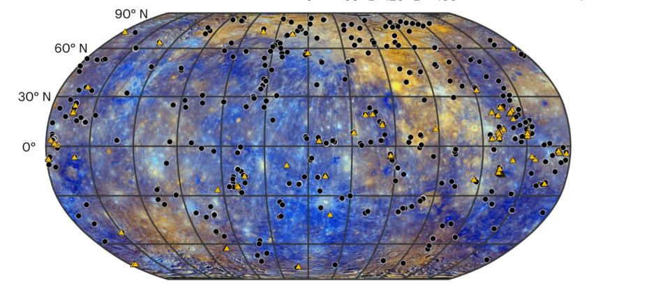 Symbols scattered about ta map of Mercury shows the location of grabens on the surface. These are mostly shown to be "probable" though some show up as "definite." 