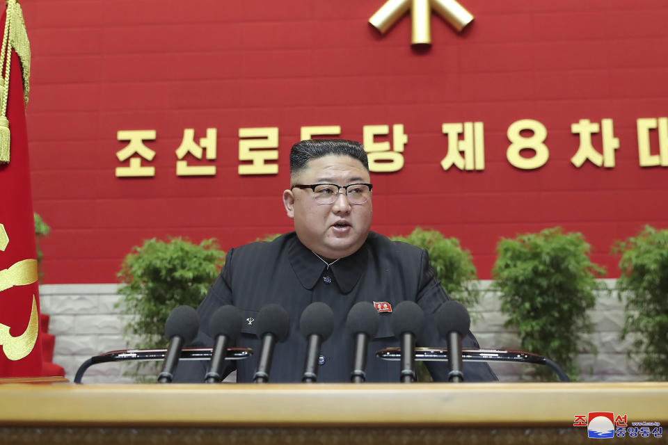 In this photo provided by the North Korean government, North Korean leader Kim Jong Un attends a ruling party congress in Pyongyang, North Korea Tuesday, Jan. 5, 2021. Kim opened its first Workers’ Party Congress in five years with an admission of policy failures and a vow to lay out new developmental goals, state media reported Wednesday. Independent journalists were not given access to cover the event depicted in this image distributed by the North Korean government. The content of this image is as provided and cannot be independently verified. Korean language watermark on image as provided by source reads: "KCNA" which is the abbreviation for Korean Central News Agency. (Korean Central News Agency/Korea News Service via AP)