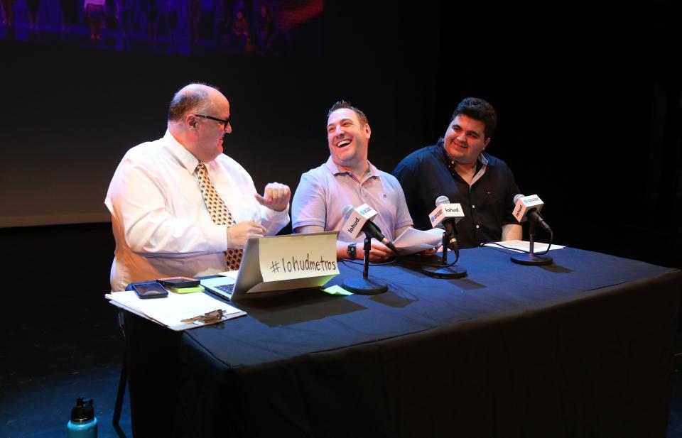 Lohud.com reporter Peter D. Kramer, left, is joined by Metros producers Blake Spence, center, and Jordan Singer as they announce nominations for the 2023 Metro Awards at Tarrytown Music Hall last May. The three will be back together tonight to announce nominees for the 2024 Metro Awards, which will be held June 10 at Purchase PAC.