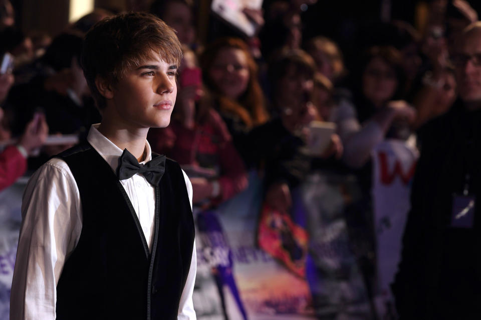 LONDON - FEBRUARY 16:  Justin Bieber arrives at the UK film premiere of 'Justin Bieber: Never Say Never' at O2 Cineworld on February 16, 2011 in London, England. (Photo by Mike Marsland/WireImage)