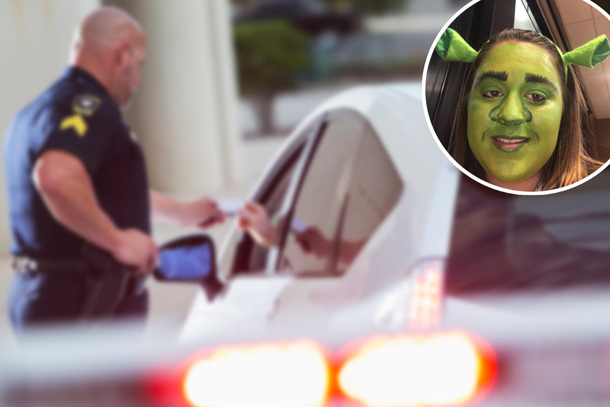 A teen’s Shrek makeup look didn’t save her from getting ticketed. (Photos: Getty Images; Twitter/_haybayy)