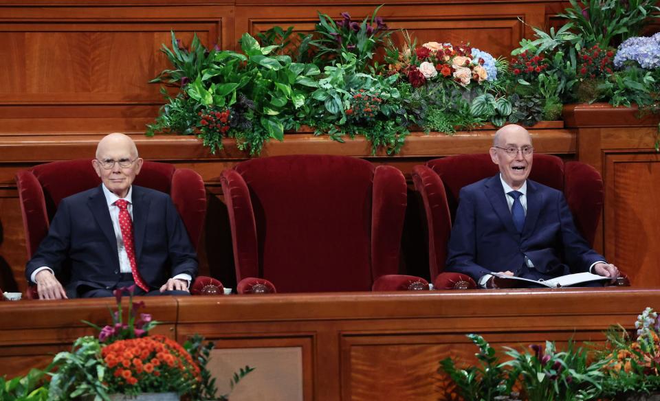 President Dallin H. Oaks, first counselor in the First Presidency, and President Henry B. Eyring, second counselor in the First Presidency, sit prior to the 193rd Semiannual General Conference of The Church of Jesus Christ of Latter-day Saints at the Conference Center in Salt Lake City on Saturday, Sept. 30, 2023. President Russell M. Nelson was unable to attend. | Jeffrey D. Allred, Deseret News