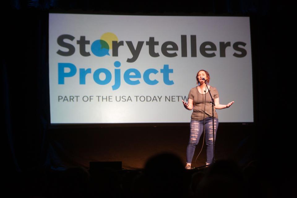 Aymi Paradise-Flores performs at the "Growing Up" themed Storytellers event at Hoyt Sherman Place in Des Moines, Tuesday, April 26, 2022.