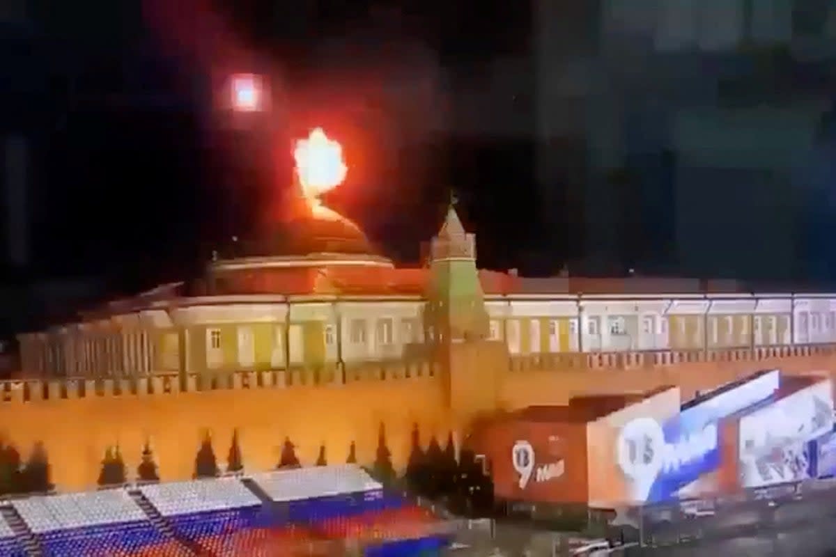 A still image from video said to show the alleged Ukrainian drone attack on the Kremlin (via REUTERS)