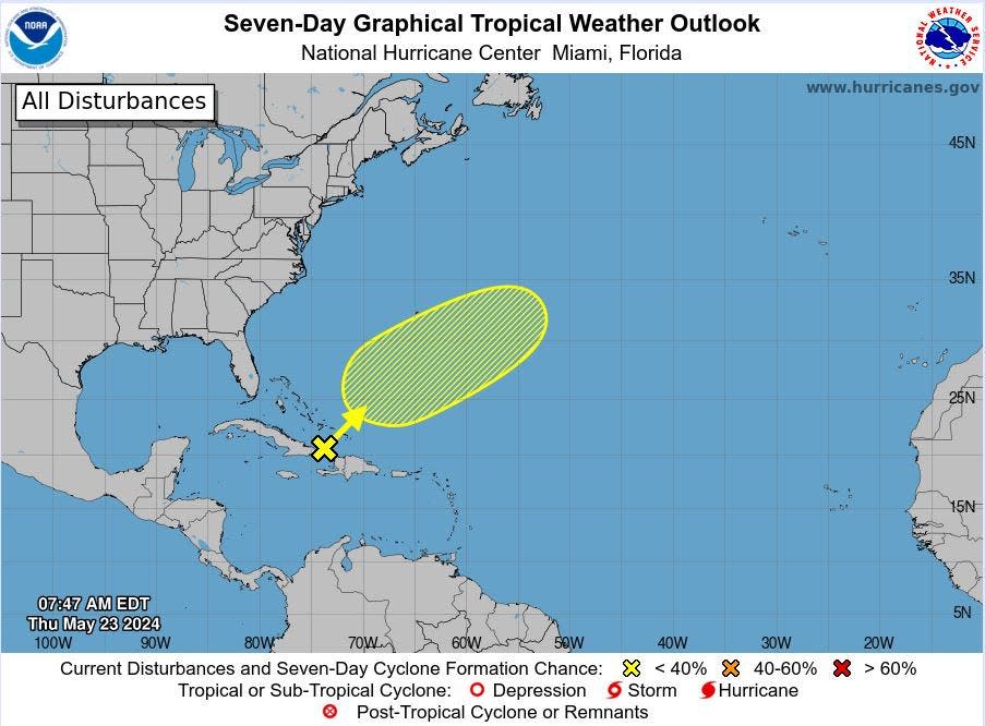 National Hurricane Center is giving low chances of tropical formation to an area of low pressure expected to form north of Hispaniola.