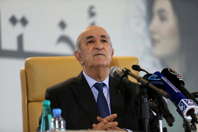 FILE PHOTO: Newly elected president Abdelmadjid Tebboune talks to the press during a news conference, in Algiers,