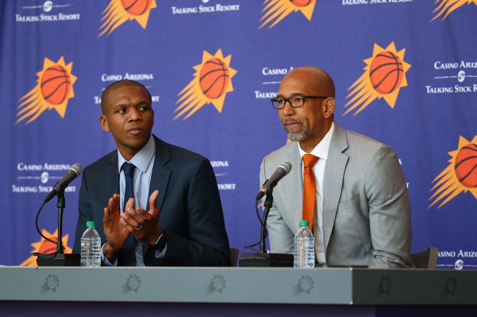 General manager James Jones (left)
introduces Monty Williams as the new head coach of the Phoenix Suns during a press conference on May 21, 2019 at Talking Stick Resort Arena in Phoenix, Ariz.