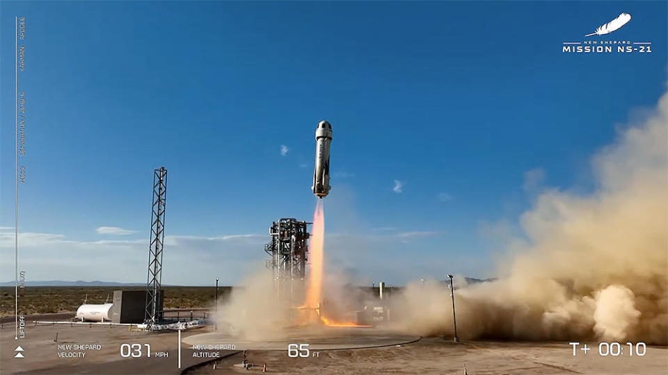 Blue Origin's 21st New Shepard sub-orbital spaceflight gets underway at the company's west Texas launch site. It was the Blue Origin's fifth flight with passengers on board. / Credit: Blue Origin webcast