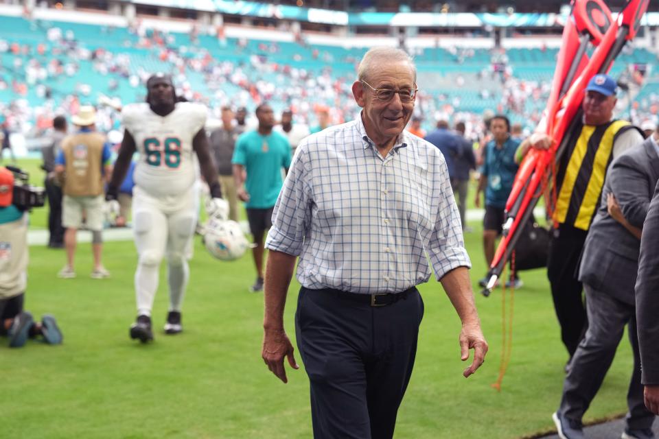 Stephen M. Ross, Miami Dolphins Chairman of the Board/Managing General Partner walks off the field after defeating the Denver Broncos in an NFL game at Hard Rock Stadium in Miami Gardens, Sept. 24, 2023.