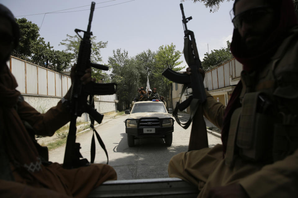 Taliban fighters patrol in Kabul, Afghanistan, Thursday, Aug. 19, 2021. The Taliban celebrated Afghanistan's Independence Day on Thursday by declaring they beat the United States, but challenges to their rule ranging from running a country severely short on cash and bureaucrats to potentially facing an armed opposition began to emerge. (AP Photo/Rahmat Gul)