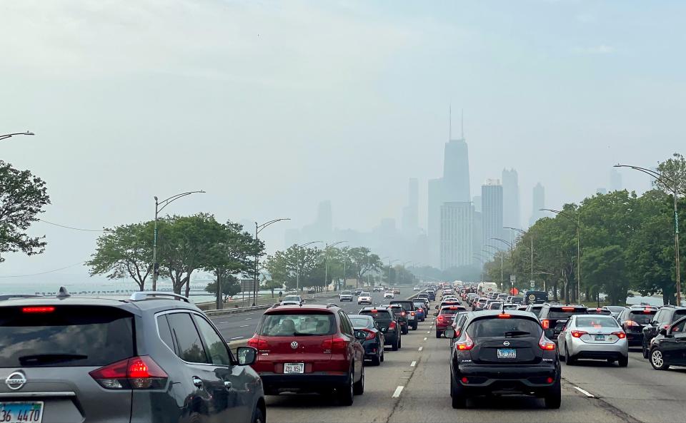 Smoke from Canadian wildfires obscures the Chicago skyline on the morning of Thursday, June 29, 2023.