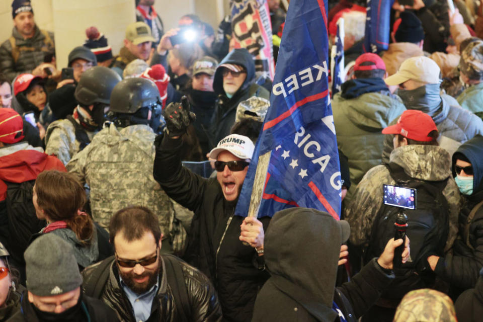 Protesters gather inside the US Capitol Building in Washington, DC, on January 6, 2021.