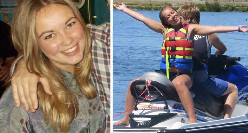 Rebecca Gannon (left) and Rebecca on a jetski with a man 