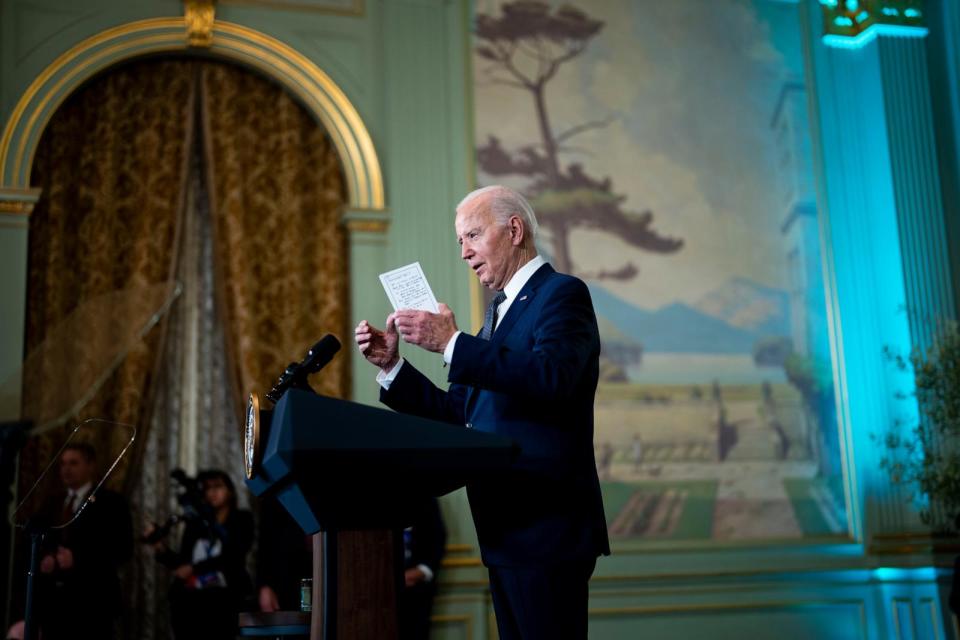 PHOTO: President Joe Biden speaks during a news conference after his meeting with China's President President Xi Jinping at the Filoli Estate in Woodside, Calif., Wednesday, Nov, 15, 2023. (Doug Mills/The New York Times via AP)