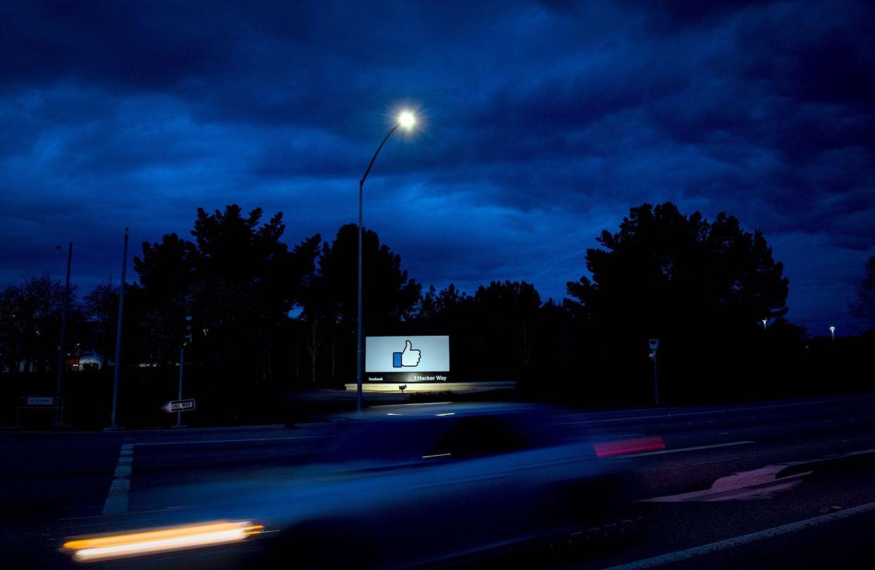 A car passes by Facebook's corporate headquarters location in Menlo Park, California, on March 21, 2018: JOSH EDELSON/AFP/Getty Images