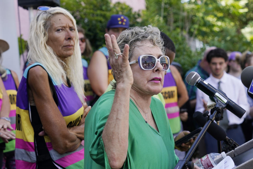 Diane Derzis, owner of the Jackson Women's Health Organization clinic in Jackson, Miss., speaks at a news conference on her reaction to the U.S. Supreme Court overturning Roe v. Wade, Friday, June 24, 2022. The clinic is the only facility that performs abortions in the Mississippi. However, the ruling ends constitutional protections for abortion. (AP Photo/Rogelio V. Solis)