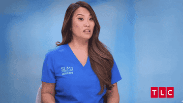 Woman in blue scrubs speaking, representing a skincare brand on a TV network