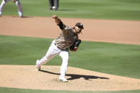 San Diego Padres Dinelson Lamet took a no-hitter into the seventh inning against the Arizona Diamondbacks' during a baseball game Sunday, Aug. 9, 2020, in San Diego. (AP Photo/Derrick Tuskan)