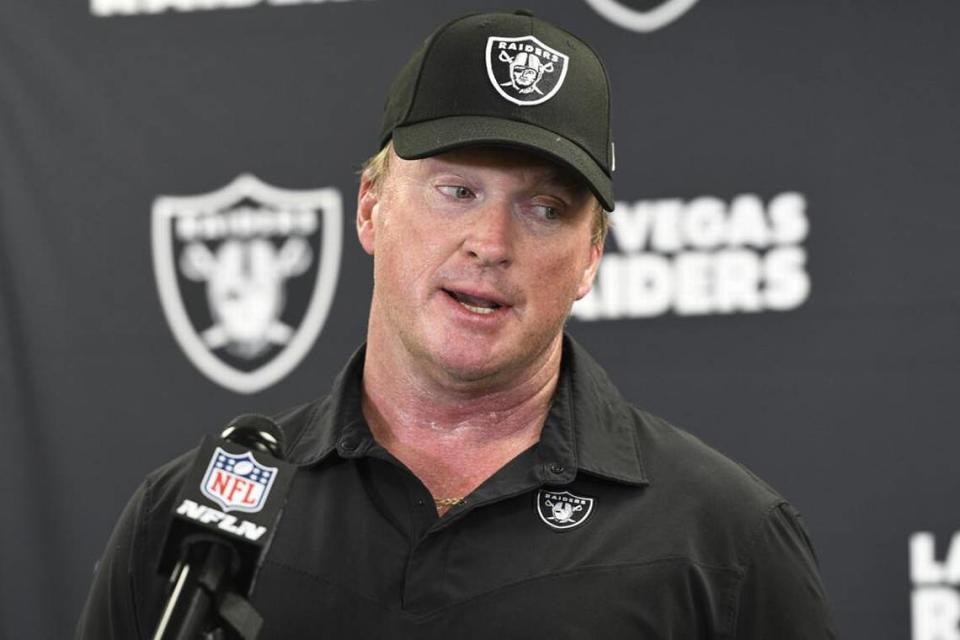 Jon Gruden is out as coach of the Raiders after emails he sent before being hired in 2018 contained racist, homophobic and misogynistic comments. A person familiar with the decision told the Associated Press that Gruden was stepping down after The New York Times reported that Gruden frequently used misogynistic and homophobic language directed at Commissioner Roger Goodell and others in the NFL.