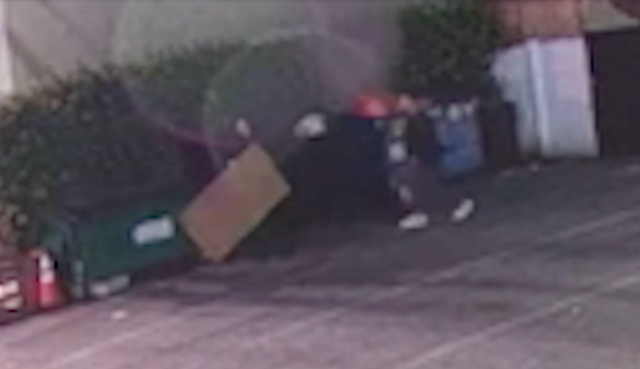 Security footage shows two suspects lit a dumpster on fire outside the Casa Vega restaurant in Sherman Oaks. The owner spoke with KTLA on March 18, 2024. (KTLA)