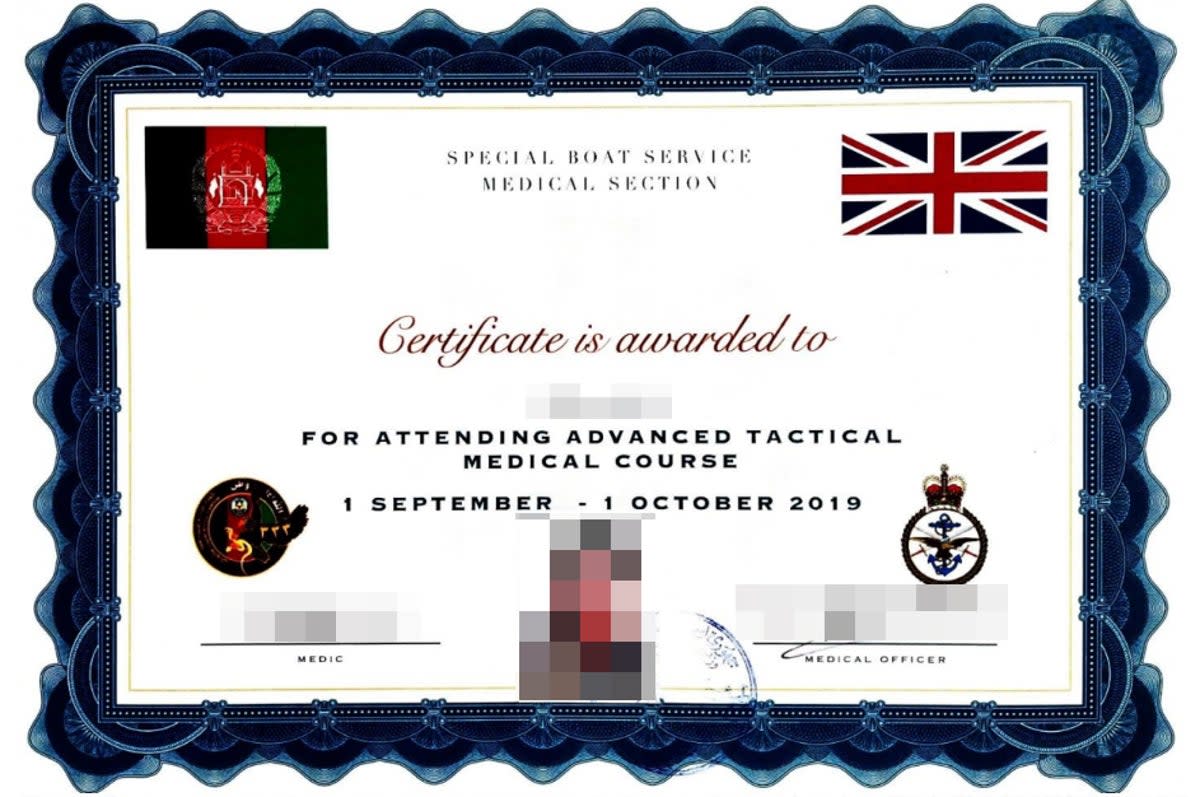 Training certificates bear both British and Afghan flags and the insignias of both defence ministries (Supplied)