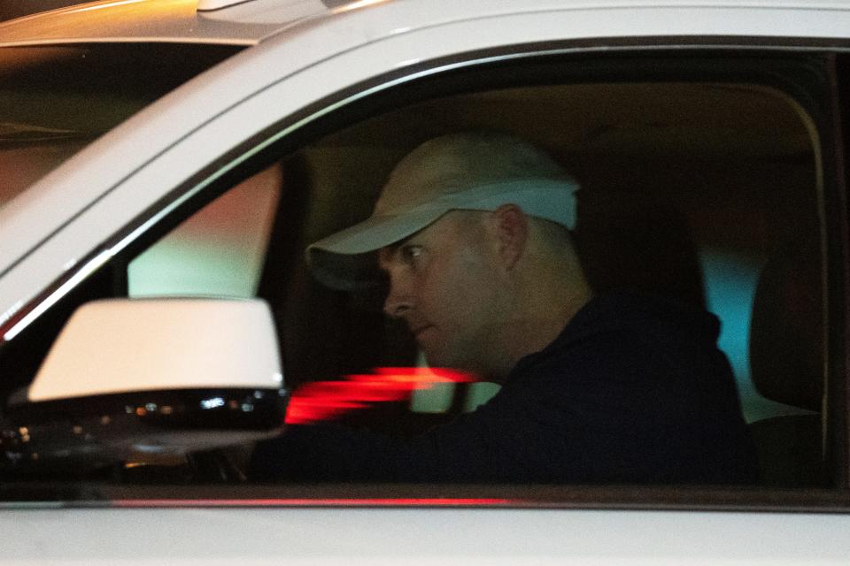 Cincinnati Bengals head coach Zac Taylor leaves the University of Cincinnati Medical Center where Buffalo Bills safety Damar Hamlin was taken after collapsing during an NFL football game against the Bengals in Cincinnati on Monday, Jan. 2, 2023. (Albert Cesare/The Cincinnati Enquirer via AP)