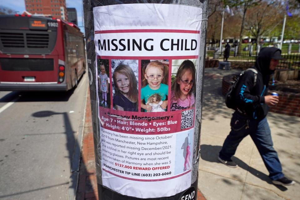 FILE - A man walks past the ‘missing child’ poster for Harmony Montgomery on Thursday, 5 May, 2022, in Manchester, New Hampshire (Copyright 2022 The Associated Press. All rights reserved.)