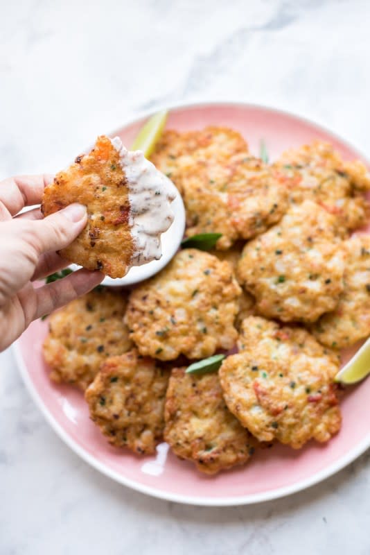 <p>Gastro Senses</p><p>Think of these tender shrimp cakes as gluten-free shrimp burgers minus the bun.</p><p><strong>Get the recipe: <a href="https://www.gastrosenses.com/blog/shrimp-cakes/" rel="nofollow noopener" target="_blank" data-ylk="slk:Shrimp Cakes with Cilantro Lime Sauce;elm:context_link;itc:0;sec:content-canvas" class="link ">Shrimp Cakes with Cilantro Lime Sauce</a></strong></p>