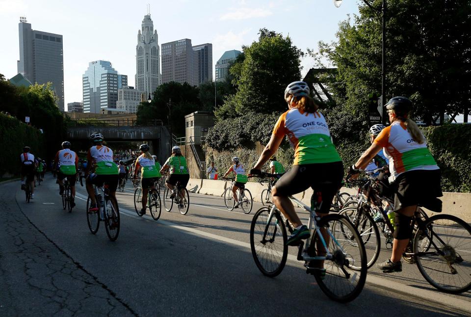 Riders take off from the start of the 25 and 50-mile rides for Pelotonia from McFerson Commons in 2016.