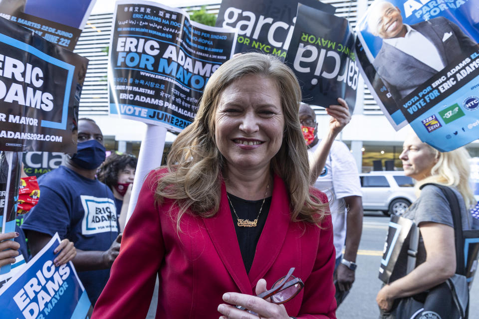 Mayoral candidate Kathryn Garcia arrives for debate at CBS Broadcast Center. She greets supporters gathering outside to appreciate their support. (Lev Radin/Pacific Press/LightRocket via Getty Images)