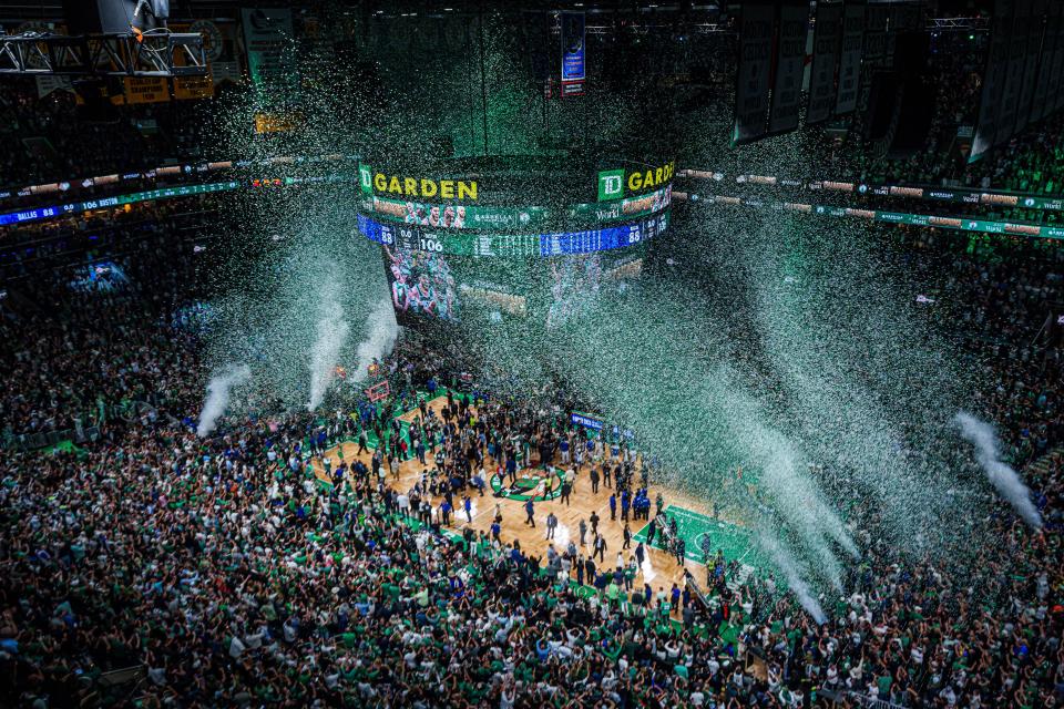 General view after the Boston Celtics celebrate defeating the Dallas Mavericks in game five to win the 2024 NBA Finals at TD Garden.
