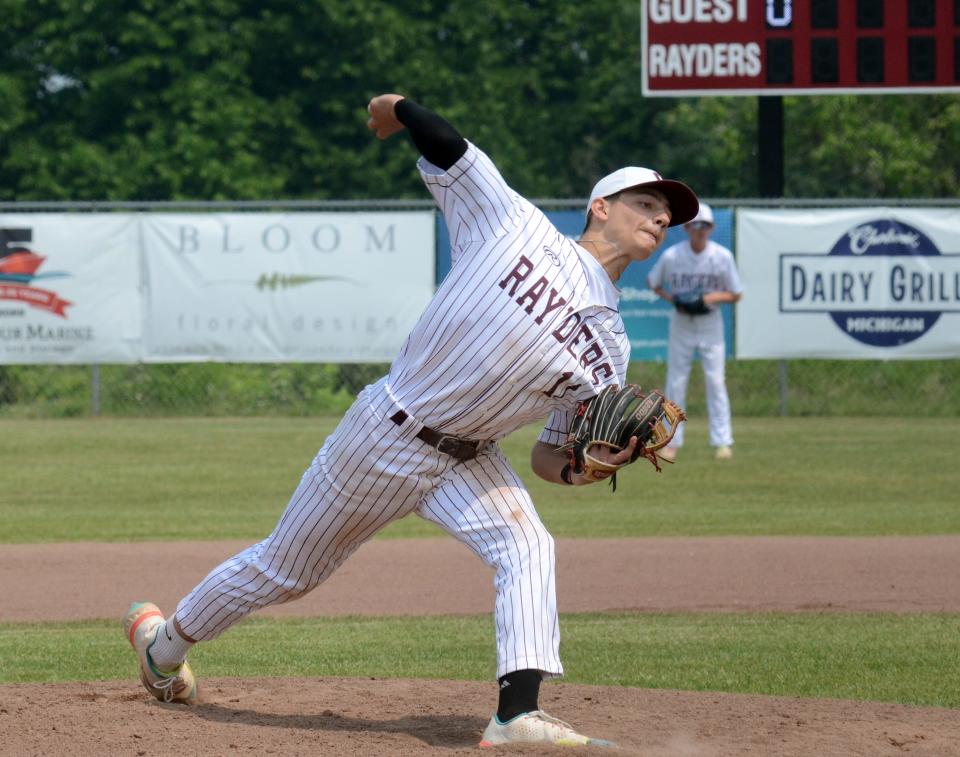 Charlevoix's Owen Waha delivers a pitch during Saturday's district championship vs. Elk Rapids.