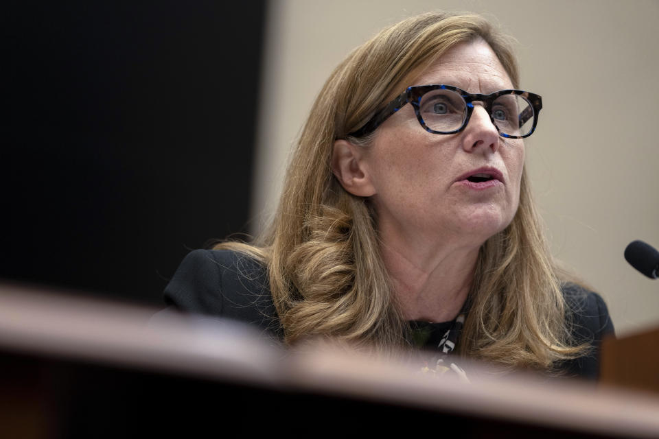 University of Pennsylvania President Liz Magill reads her opening statement during a hearing of the House Committee on Education on Capitol Hill, Tuesday, Dec. 5, 2023 in Washington. (AP Photo/Mark Schiefelbein)