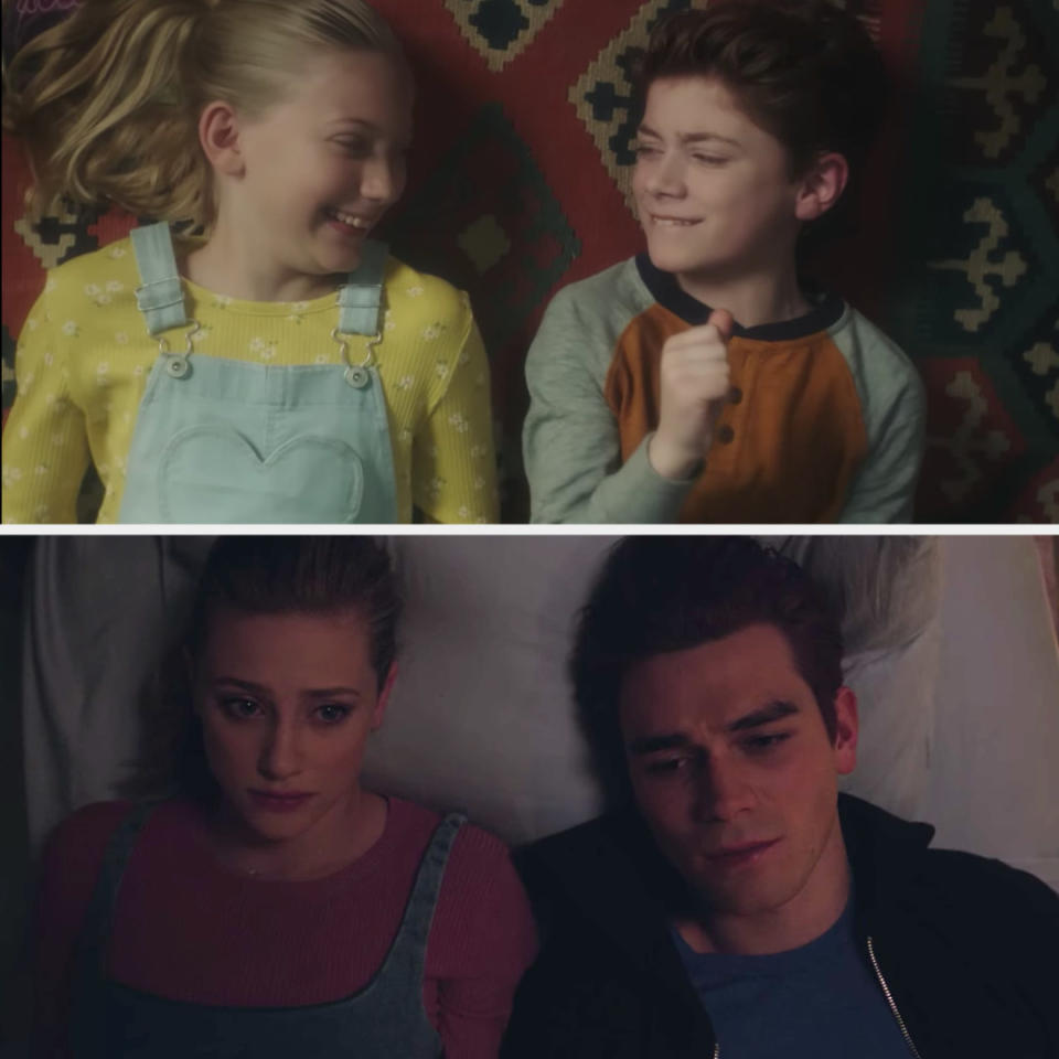 Betty and Archie listening to music together as little kids alongside them lying on the bed next to each other in present day