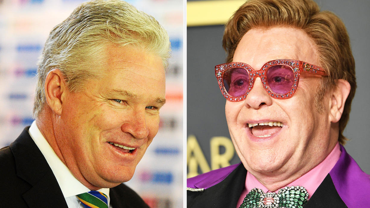 A 50-50 split image shows Dean Jones on the left and Elton John on the right.