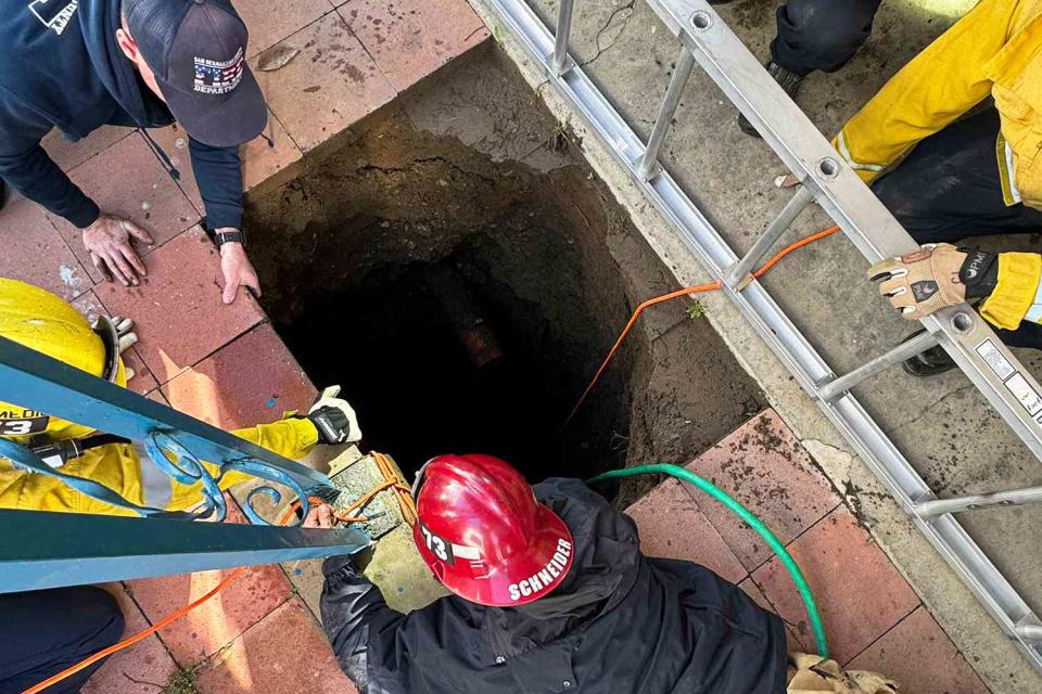 <p>San Bernardino County Fire/X</p> Site in Fontana Calif., where a woman fell into a sinkhole on Thursday