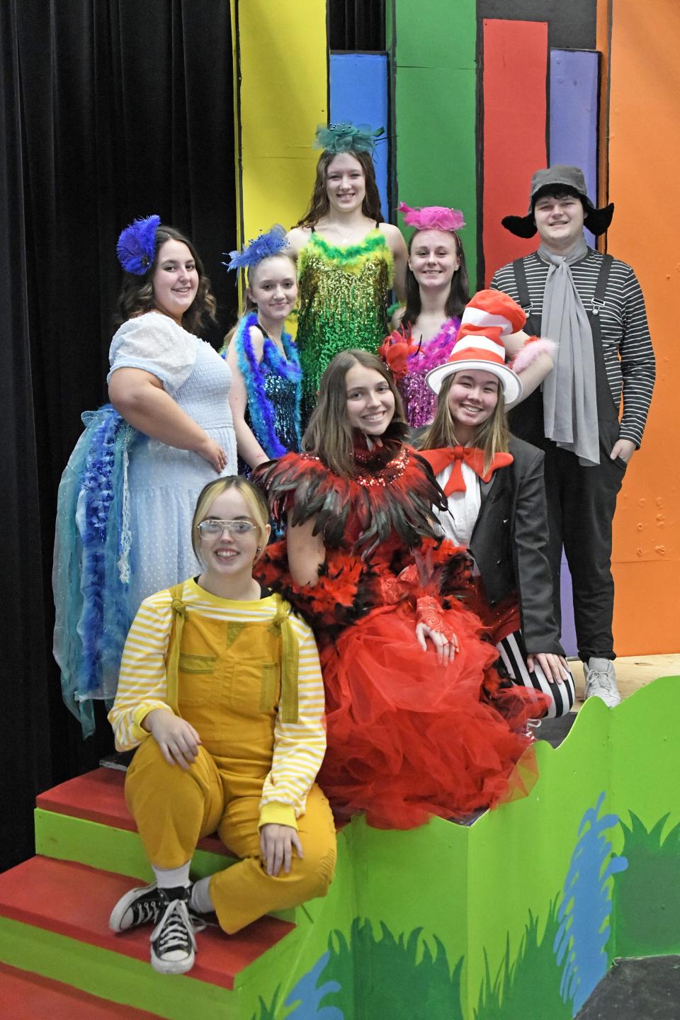 Seussical cast members include (clockwise from bottom) Rami Tuel (JoJo), Victoria Hobbs
(Gertrude McFuzz), Alivia Ceriani, Sydnee Piatt, and Caitlin Skaggs (Bird Girls), Evan Sustar (Horton),
Amanda Fleming (Cat in the Hat), and Laura Weinman (Mazie La Bird)