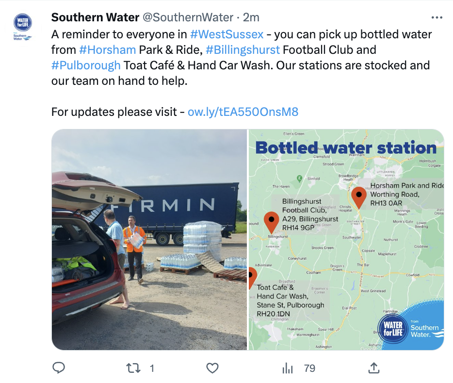 Southern Water set up bottled water stations for people left without water. (Twitter/Southern Water)